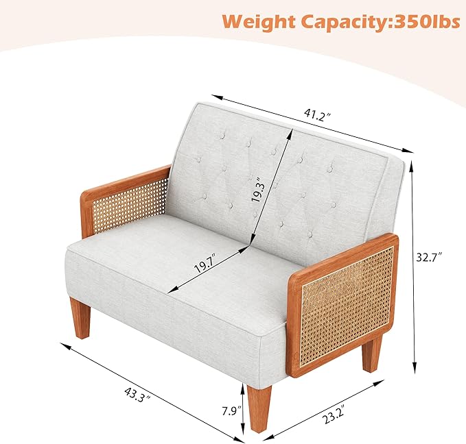 Love Seat Settee Mini Couch Upholstered Sofa with Natural Rattan Armrest Backrest Button Tufted Buckle Couch Banquette Bench Loveseat for Dining Living Room Bedroom Light Grey