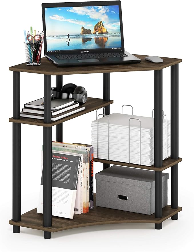 Furinno TURN-N-TUBE Desk Gaming Desk with Shelves Corner Computer Desk with Shelves Office Desk Space Saving For Home Office Bedroom Columbia Walnut