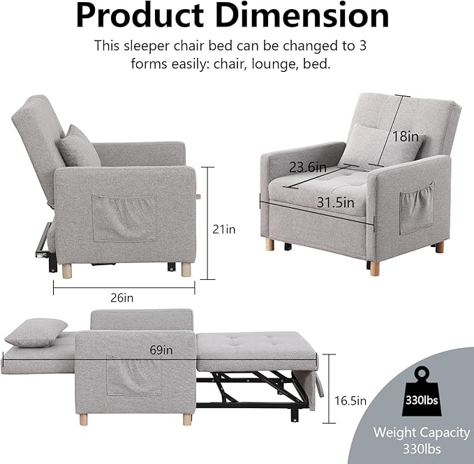 Sleeper Chair Convertible to Bed with Adjustable Backrest Pull Out Sofa Linen Fabric Side Pocket for Bedroom Living Room Apartment