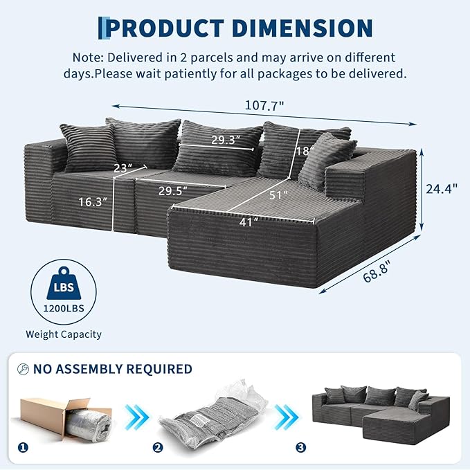 GarveeLife 108” Modular Sectional Sofa Cloud Sectional Couch with L-Shape Chaise Modern Modular Deep Seat Sofa Couch Upholstered Boneless Couches for Living Room Bedroom Right Facing Chaise Grey