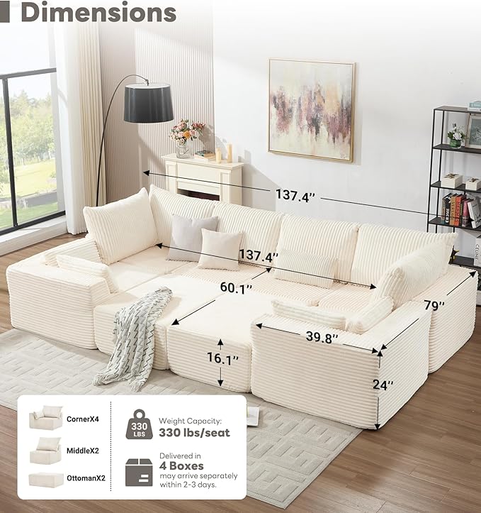 Tbfit Sectional Cloud Couch for Living Room Modular Sofa with Angled Armrest Comfy Boneless Sofa with Wide Seat &amp Deep Seat White