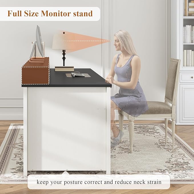 SEDETA Farmhouse 63 Executive Desk Home Office Desk with File Drawer and Monitor Stand Computer Desk with Drawers and Storage Cabinet Wood Desk for Work Study Writing White