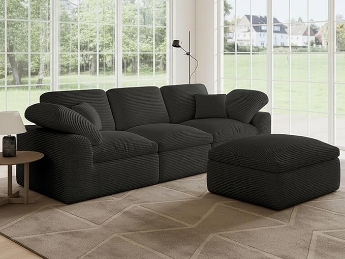 Cloud Sectional Couches for Living Room 4 Seater Cloud Modular Couch L Shaped Corduroy Sectional Sofas with Ottoman Boneless Comfy Sofa for Apartment No-Assembly Grey