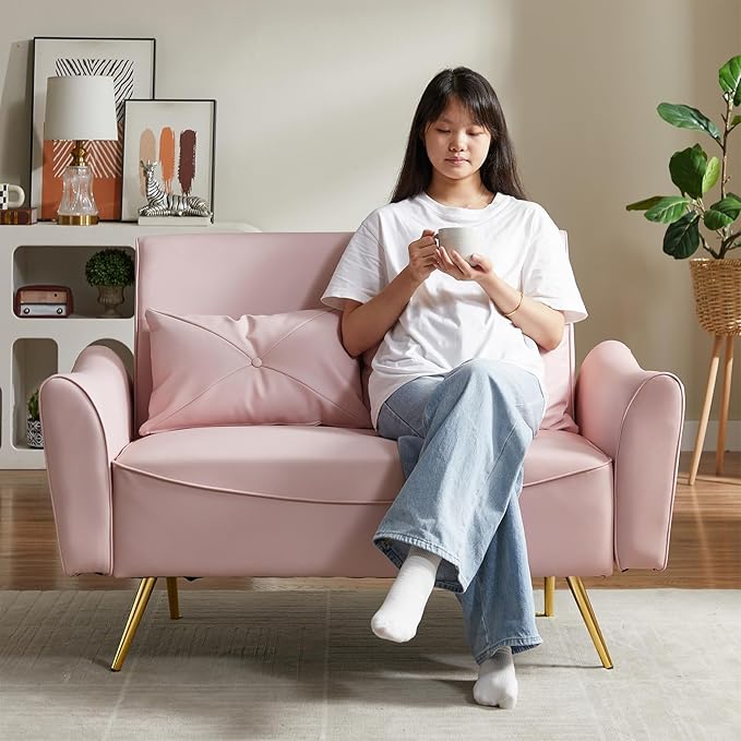 Brelice 48 Faux Leather Loveseat Sofa Modern Small Couch for Small Space with 2 Pillows 2 Seater Couch for Living Room Bedroom Office Apartment (Pink)