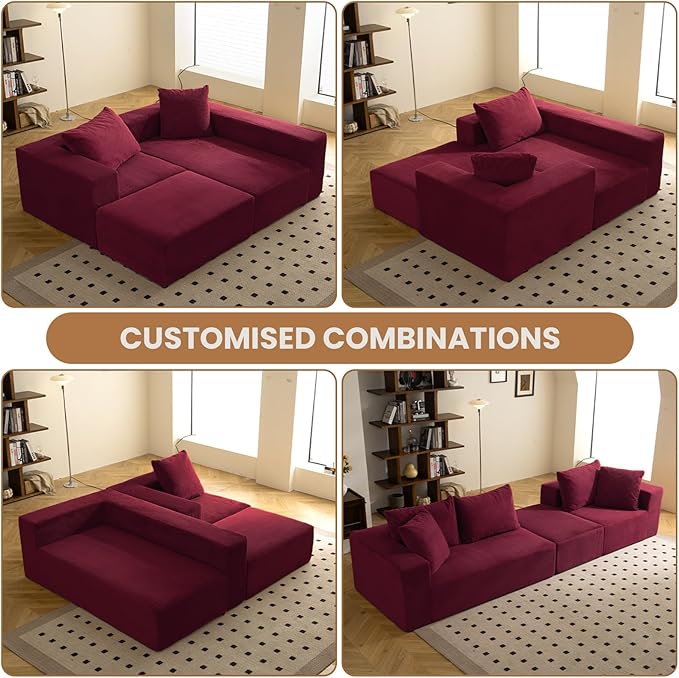 108 L-Shaped Boneless Couch Modular Sectional Sofa with Moveable Ottoman Corduroy Cloud Couches for Living Room No Assembly Ship in a Box Red