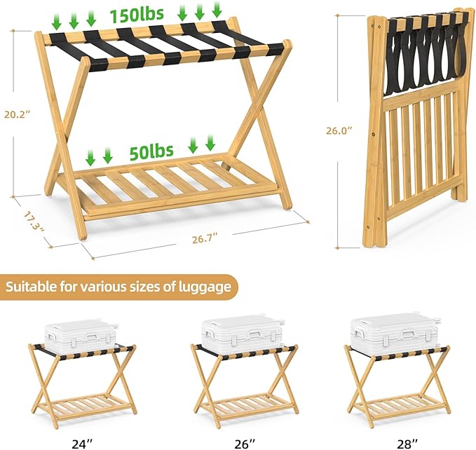 2 Pack Bamboo Luggage Rack for Guest Room 26.77 Folding Wide Suitcase Stand with Storage Shelf Thickened Luggage Stand Holder for Bedroom Hotel Luggage Rack for Suitcases (Natural)