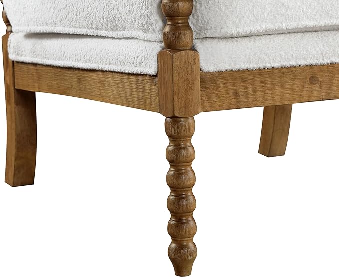 Furniture of America Dedee Mid Century Modern Boucle Fabric Accent Chair with Arms Wide Spindle and Solidwood Legs for Living Room Bedroom Reading Corner Home Office Light Oak and White