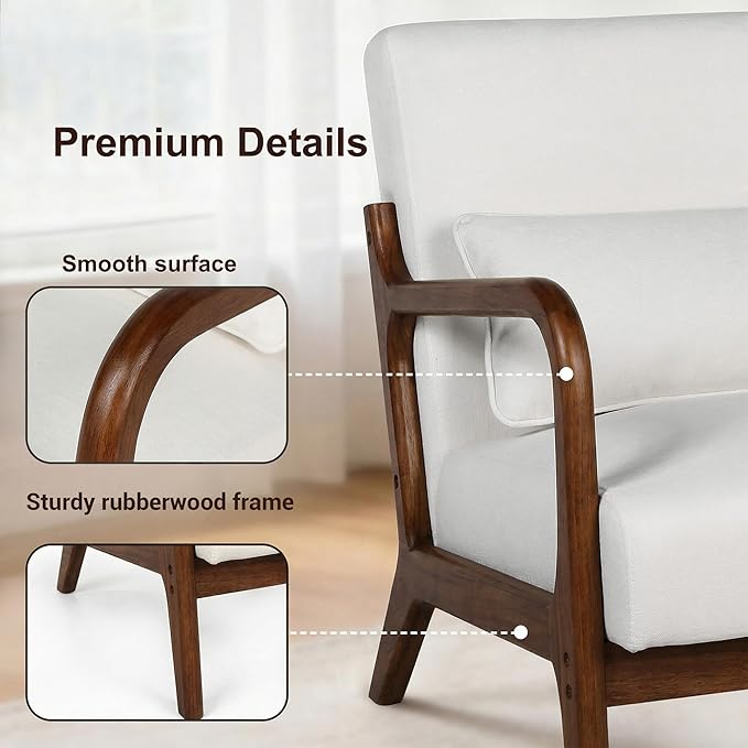 Mid Century Accent Chair Comfy Arm Chair with Solid Wood Frame Upholstered Modern Chair for Living Room Bedroom Waiting Room Beige