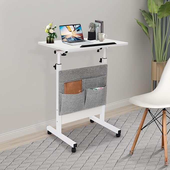 Movable Standing Desk Adjustable Height&ampAngle Rolling Computer Stand Laptop Podium Desk Lectern Portable Tilting Top Mobile Standing Lifting Desk for Office Classroom School (White w/ Storage B