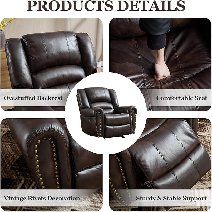 CANMOV Rocker Recliner Chair Leather Recliner Chair with Overstuffed Backrest and Armrests Manual Single Sofa for Living RoomBedroom Dark Brown