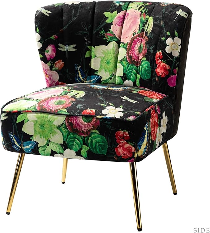TINA'S HOME Armless Accent Chair with Gold Metal Legs Comfy Tufted Floral Fabric Living Room Chair Wingback Small Side Chair Upholstered Slipper Chair for Bedroom Reading Room (Print Flower BLACK)