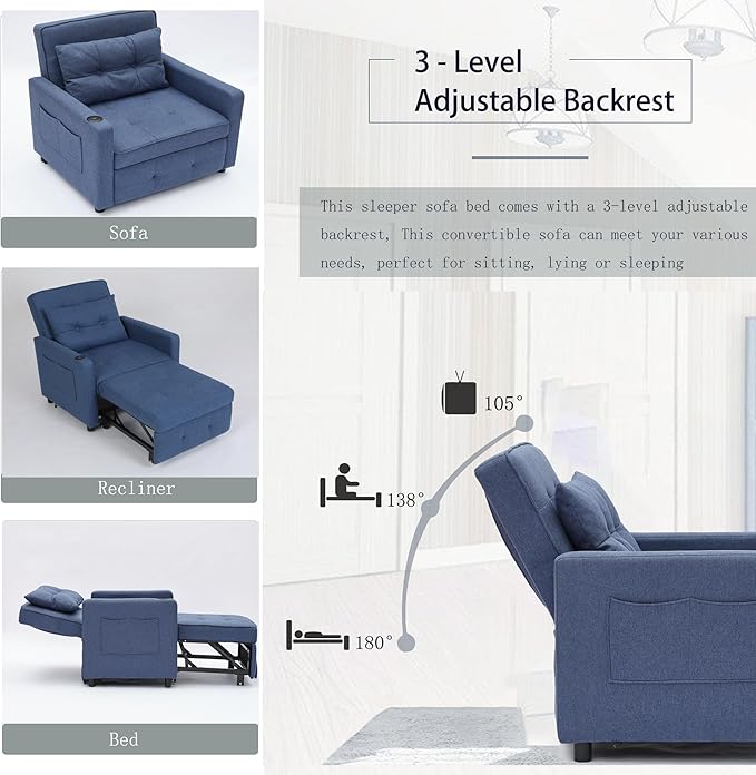 3-in-1 Convertible Sleeper Chair Pull-Out Chair Sleeper with USB Ports and Side Pocket Adult Chair Beds Adjustable Sofa Bed Chairs for Living Rooms and Small Spaces Navy Blue