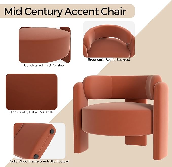 NOBPEINT Mid Century Modern Accent Barrel Chair Round Upholstered Leisure Armchair with Open Back for Living Room Bedroom Apartment Orange