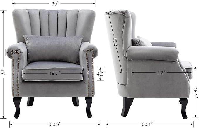 chairus Mid-Century Modern Accent Chair Comfy Single Sofa Chair Channel Back Armchair with Small Pillow for Living Roon Bedroom Club - Velvet Grey