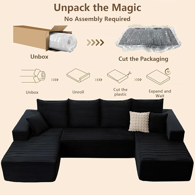 Cloud Modular Sectional Sofa for Living Room 134x69.7 Oversized U-Shaped Couch with 9 Pillows Big Comfy Couches Set Fluffy Deep-Seat Corduroy Sofa with Left &amp Right Chaise No Assembly (Black)