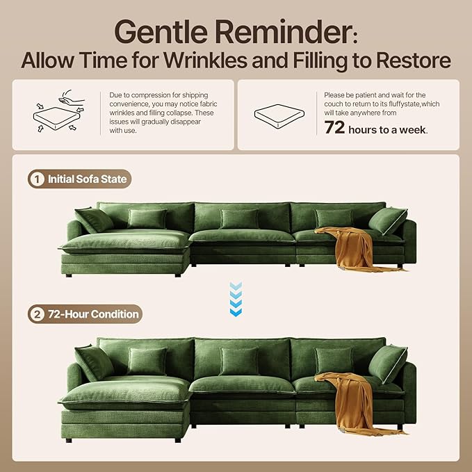 102'' Modular Sectional Sofa Green Couch Cloud Couches for Living Room L Shaped Couch with Movable Ottoman Modern Cloud Sectional Sofas for Bedroom and ApartmentGreen