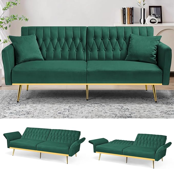 70 Velvet Futon with Adjustable Backrest and Armrests Sofa Bed with Extra Pillows for Waiting Room Living Room and Office Green