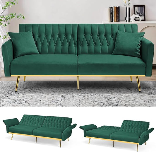 70 Velvet Futon with Adjustable Backrest and Armrests Sofa Bed with Extra Pillows for Waiting Room Living Room and Office Green