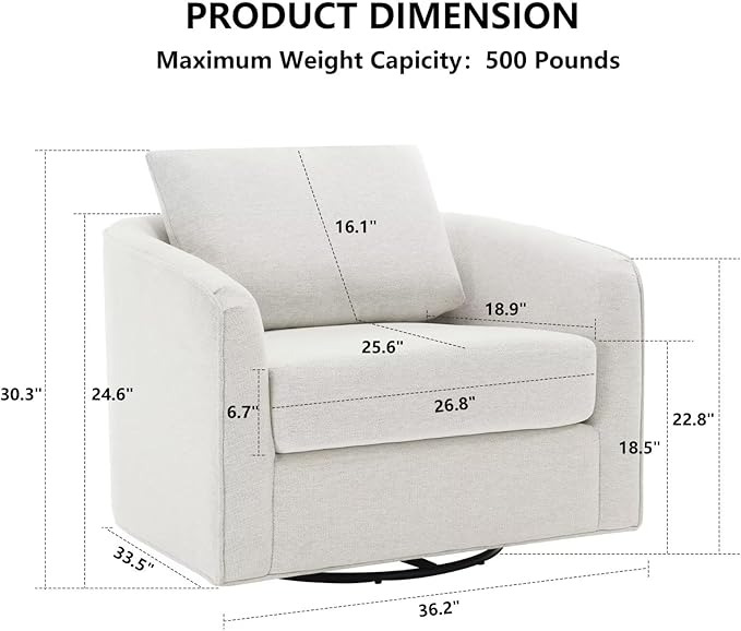 MINCETA Oversized Accent Chair for Living Room 360° Swivel Barrel Chair with High Density Foam Modern Reading Chair with Performance Fabric Upholstered Armchair for Apartment Bedroom White