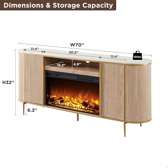 OKD Luxury 70 Fluted Fireplace TV Stand Modern Chic Entertainment Center for TVs Up to 80 inches TV Console with Faux Marble Top Curved Profile Design Media Console for Living Room Natural Oak