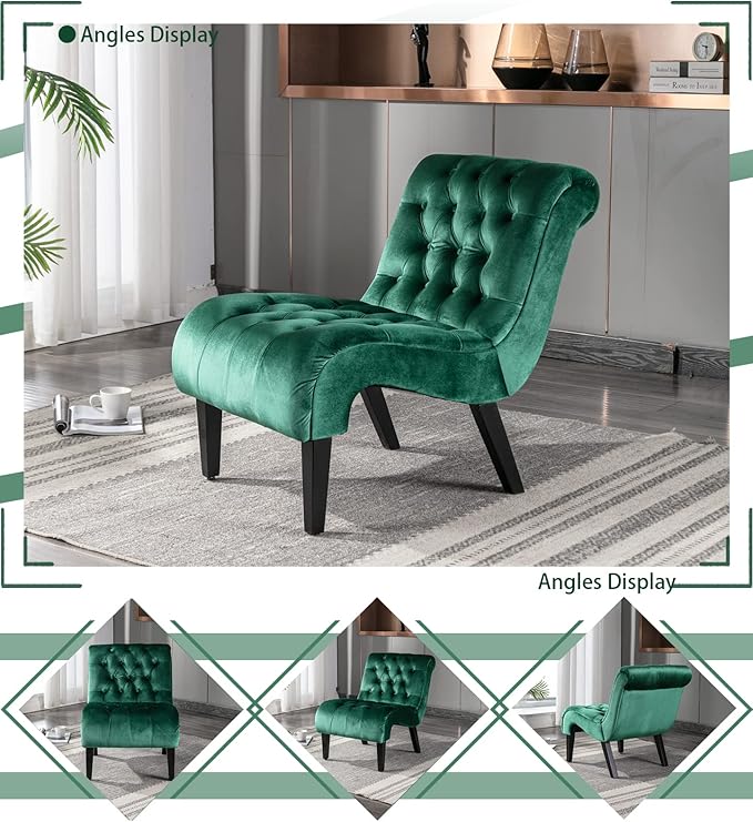 Green Velvet Armless Accent Chair Set of 2 Upholstered with Tufted Back and Rolled Edge Design Comfy Reading Chair with Solid Wooden Legs Easy Assembly