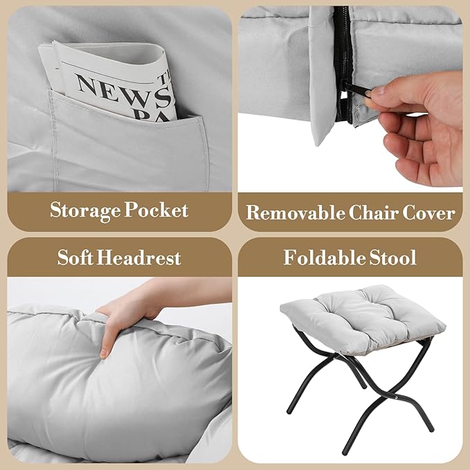 Athena Collection Lazy Lounge Chair with Ottoman Modern Soft Reading Arm Chair for Adults Comfy Sofa Armchair with Footrest and Side Pocket for Corner Living Room Bedroom Small Space Grey