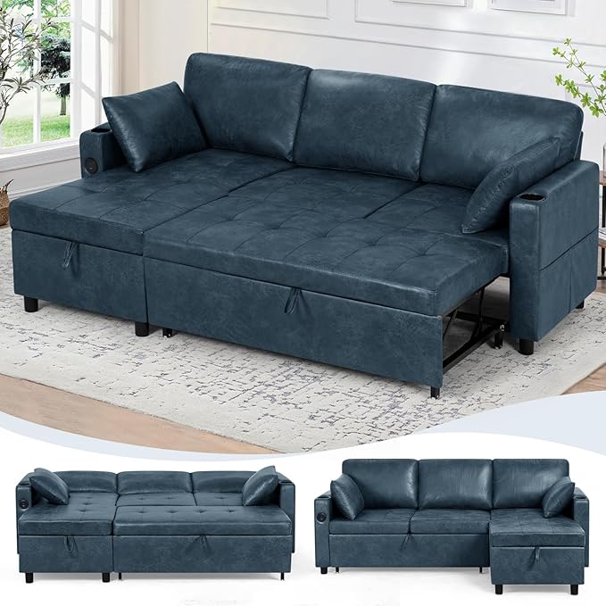 84 L-Shape Pull Out Sofa Bed with Adjustable Backrest Upholstered Sectional Sleeper Sofa with Storage Chaise Suede Leather Reversible Couch Bed with USB Port for Living Room House Blue