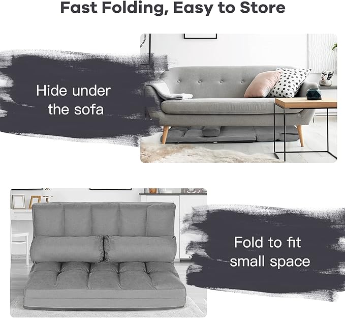 COSTWAY Floor Sofa Couch with 2 Pillows Foldable 6-Position Adjustable Lazy Sofa Bed Sleeper with Metal Frame Soft Suede Fabric Gaming Playing Lounge Recliner for Adults (Grey)