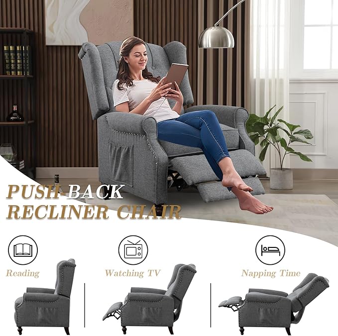 Pushback Recliner Chair Linen Elizabeth Tufted Armchair Accent Chair with Massage &ampHeat Mid Century Modern Wingback Single Sofa Chairs for Living Room Small Space Home Theater (Light Grey)