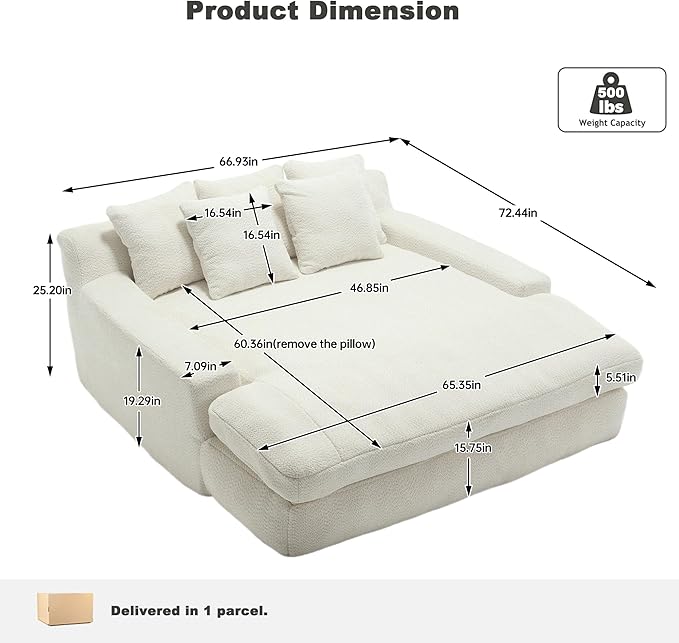 Chenille Double Chaise Lounge Indoor for Huge Person Upholstered Cloud Sofa Bed with 5 Pillows and Armrests Twin Sleeper Sofa Couch Bed for Living Room Guest Room Club (White)