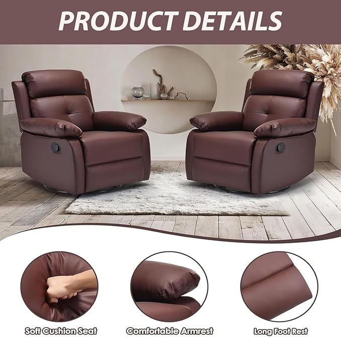 Swivel Rocker Recliner 360 Swivel Small Recliners with 30 Degree 90-150 Degree Angle Faux Leather Lift Chair for Home Theater Seating Adults Living Room Bedroom Brown