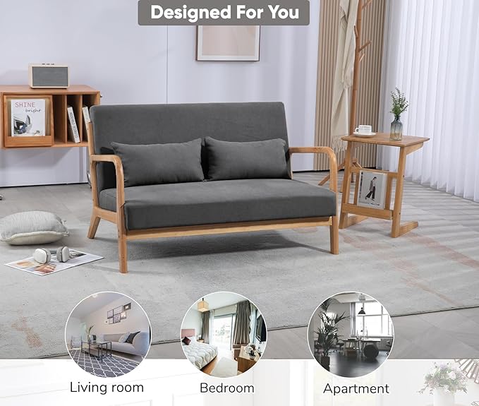 JOYBASE Loveseat Sofa for Small Space Mid-Century Modern Wood Love Seat Couch Sofa with Armrests for Living Room Apartment Office Bedroom (Dark Grey Fabric)