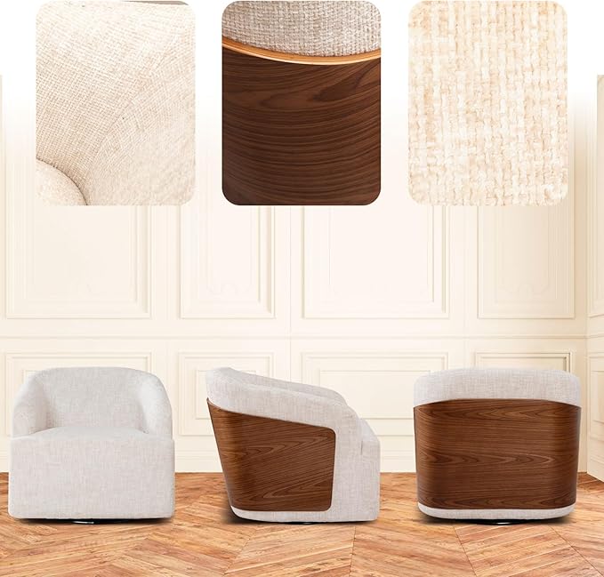 Swivel Accent Chair Linen Swivel Barrel Chair Comfortable Mid Century Modern Chair Upholstered Metal Base Armchair for Living Room Bedroom Office Large Vintage White