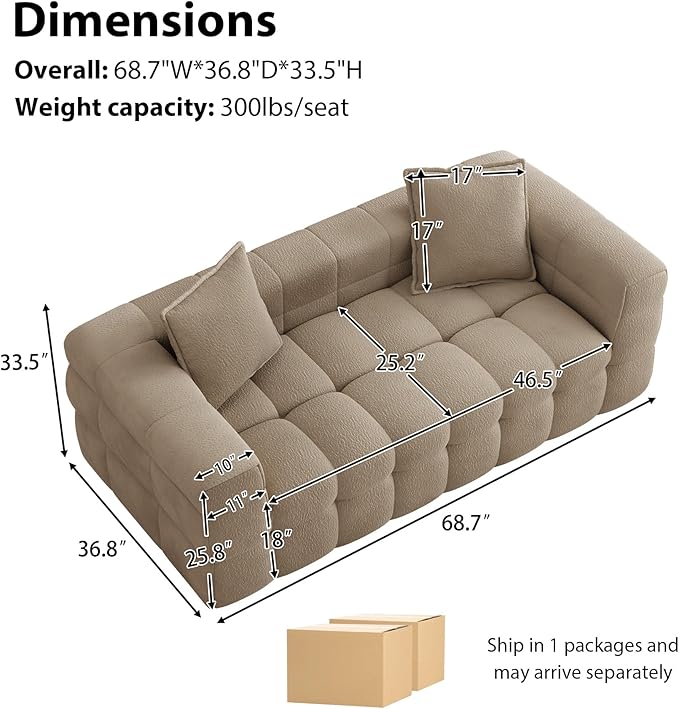 68.7 Loveseat Boneless CouchComfy Cloud Sectional Sofa with Deep SeatModern Upholstered Chenille Love Seat Sofa Small Couches for Living Room No Assembly Required Tufted Sofas Light Brown