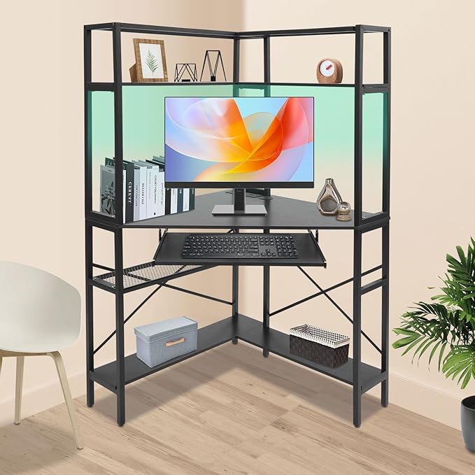 Corner Desk Triangle Corner Computer Desk with Keyboard Tray and USB Ports Small Computer Desk with Hutch and LED Lights ComputerDesk for Small Space Home Office Desk Black
