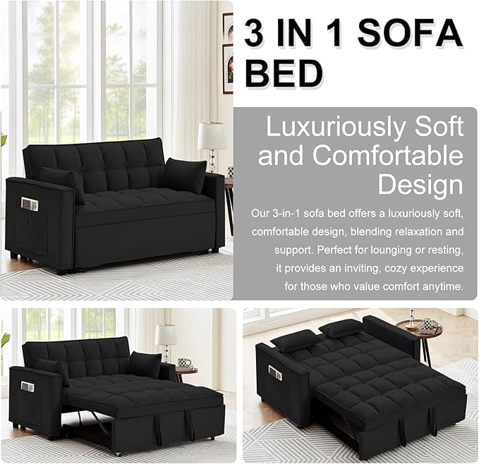 3 in 1 Convertible Sleeper Sofa Bed 55 Pull Out Couches Modern Loveseat Sleeper Sofa with Adjustable Reclining Backrest &amp Side Pockets for Living Room Velvet Fabric Classic Black