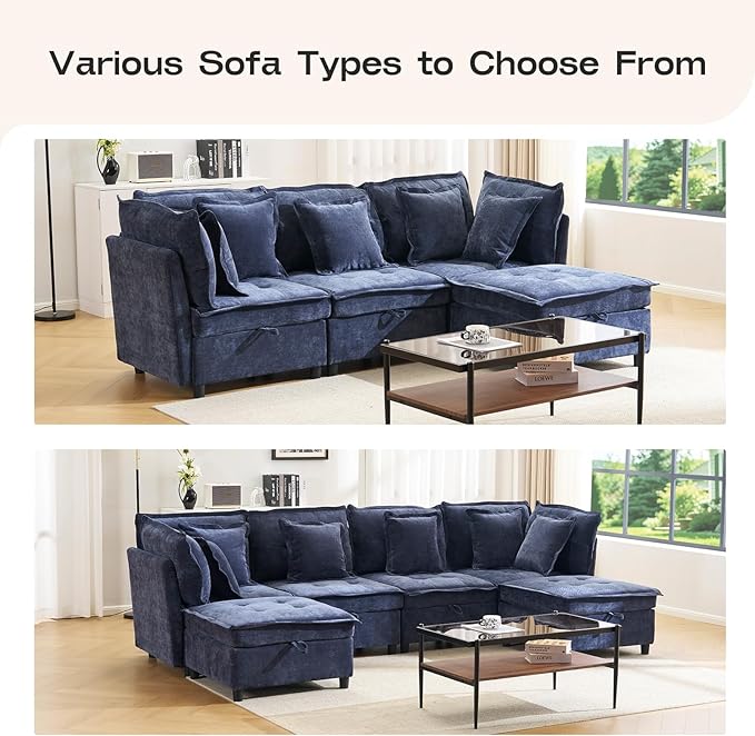Oversized U Shaped Modern Sofa Couch 133 Modular Sectional Cloud Couch with Storage 6-Seat Chenille Deep Seat Sofa with 6 Pillows for Living Room Bedroom and Apartment Blue