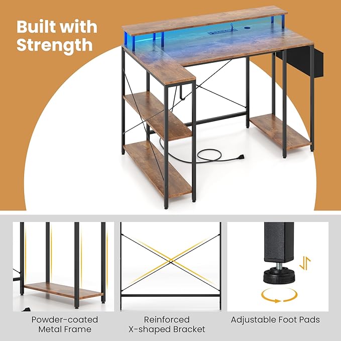 L-Shaped Gaming Desk with LED Lights &amp Power Outlets 48 Computer Table with Storage Shelves Monitor Stand Home Office Desk with Metal Frame Rustic Brown/Black (Rustic Brown)
