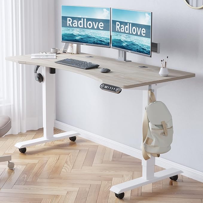 Radlove Electric Standing Desk 55 x 30 Height Adjustable Computer Desk Sit Stand Desk Home Office Desks with Splice Board and A Under Desk Cable Management Tray (White Frame + Oak Top)