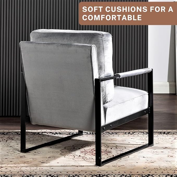 Modern Accent Chair for Living Room Bedroom Mid Century Arm Chair Velvet Office Accent Chair Reading Chair with Metal Frame for Balcony Lounge Grey