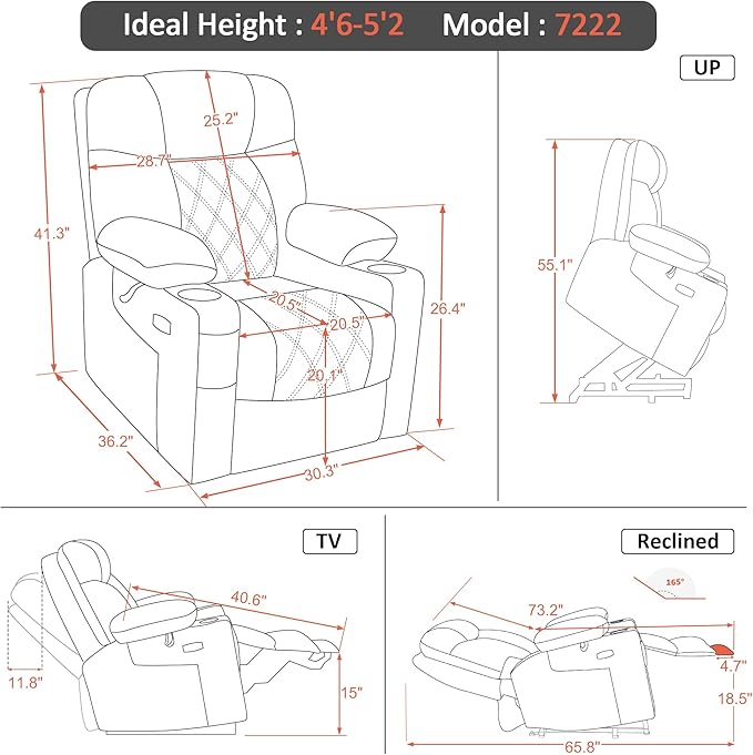 MCombo Small Size Triple Motor Power Lift Recliner Chair Sofa with Massage and Dual Heating Adjustable Headrest for Elderly People Petite USB Ports Extended Footrest Fabric 7222 (Beige)
