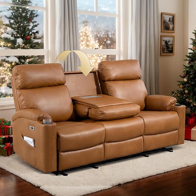 Power Reclining Sofa - 3 Seater Recliner Sofás PU Leather Sofa Home Theater Seating with Flipped Middle Backrest Power Recliner Couch for Living Room(Brown)