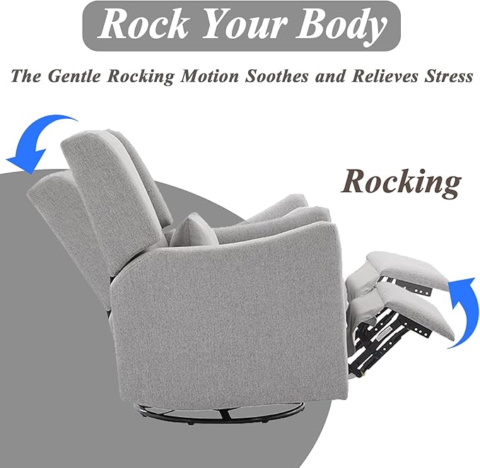 Lazy Boy Glider Recliner Nursery Chair with Wingback Swivel Rocker for Small Spaces Thick Cushion Linen (Grey 1)