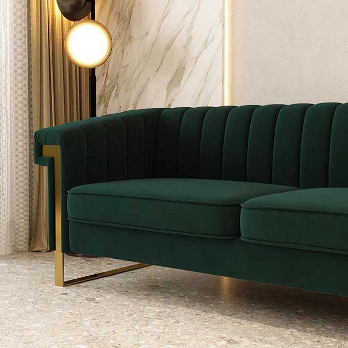 Mid-Century Modern Green Velvet Sofa with Gold Metal Legs 83.86 Luxury Chesterfield Comfy Couches for Living Room (Velvet Green)