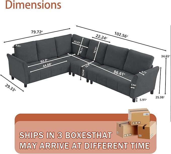 Modular Sectional Sofa Couch Modern Linen L Shaped Couch Chaises 6-Seater Convertible Sofa for Living Room Apartment Dark Grey
