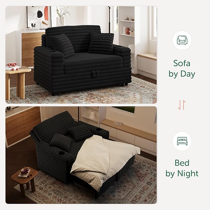 Plush Sofa 52” 3-in-1 Convertible Pull-Out Sofa Bed Sleeper Loveseat with Built-in Cup Holders Reclining Backrest Pet-Friendly for Small Space - Black