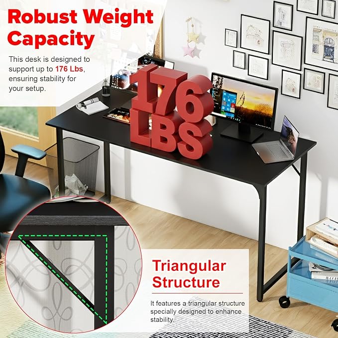 Bigacc Computer Desk Office Desk with Metal Frame Adjustable Feet | Water-Resistant Scratchproof Surface | Sturdy Writing Table for Home Office or Study (Black 55 Inch)