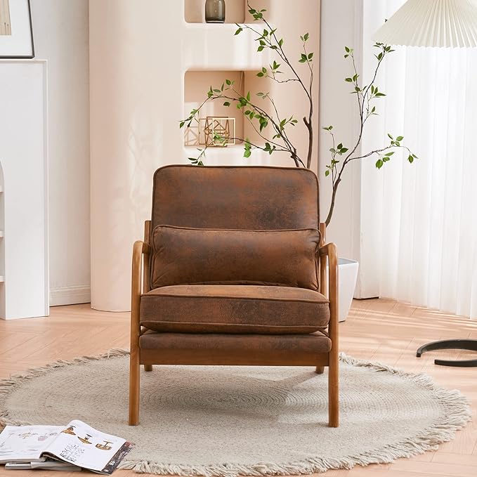 Mid-Century Modern Accent Chair with Throw Pillow Upholstered Fabric Armchair Oak Wood Frame Reading Chair for Living RoomBedroomReadingBalcony (Brown)
