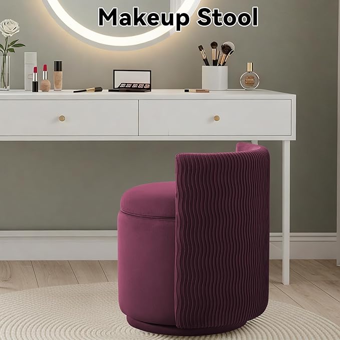 360° Swivel Velvet Vanity Chair with Storage Barrel Makeup Chair with Wave Back No Assembly Vanity Stool Small Accent Chair for Living Room Burgundy