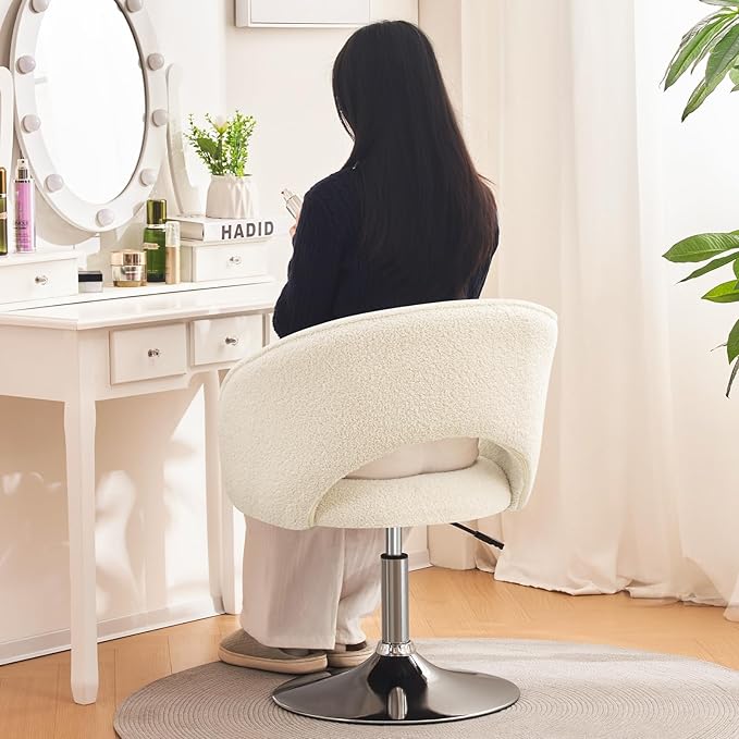 Furniliving White Makeup Vanity Chair Height Adjustable Swivel Chairs with Sherpa Accent for Living Room &amp Lounge